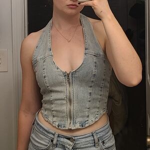 Zip Front Denim Halter